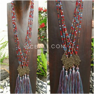 hamsa hand pendant tassels necklace crystal bead 2color shown